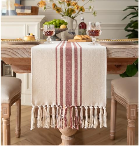 Caflife Boho Table Runner for Modern Farmhouse Fall Decor, Dining Table décor 13 x 60 Inch Long with Handcrafted Tassels, Rust and Beige Stripe Table Runner for Home Boho décor - color: Rust Beige, size: 13x60Inch