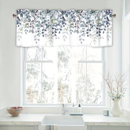 Dark Blue Eucalyptus Leaves Valances for Windows 2 Panels, 42x12 in - color: Eucalyptus Leaves-dark Blue, size: 42"W x 12"L (Pack of 2)