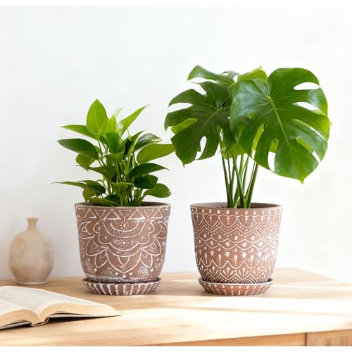 Gepege Ceramic Plant Pots, 6 Inch Indoor Planters with Drainage & Saucers - color: Brown-c, size: 6 Inch - Set of 2