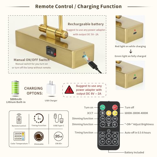 Battery Operated Picture Lights with Remote and Timer,Wireless Art Light for Paintings with Adjustable Swing Arm Brass Gallery Lights 12in Rechargeable Wall Sconce - color: Model B-Brass