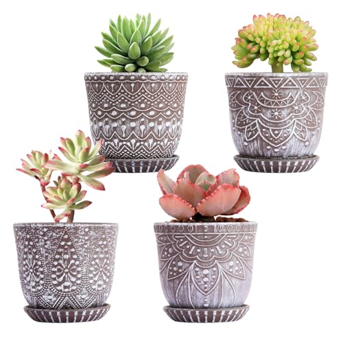 Gepege Ceramic Succulent Pots, 4 Inch Small Plant Pots with Drainage - color: Clay+white, size: 4 Inch - Set of 4