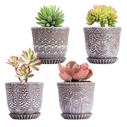 Gepege Ceramic Succulent Pots, 4 Inch Small Plant Pots with Drainage - color: Clay+white, size: 4 Inch - Set of 4
