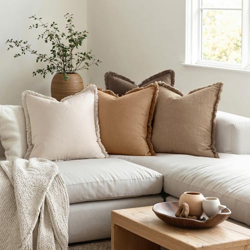 MIULEE Fall Linen Fringe Pillow Covers Set of 4 18x18 Neutral Brown - color: Neutral Brown, size: 18" x 18" (Pack of 4)