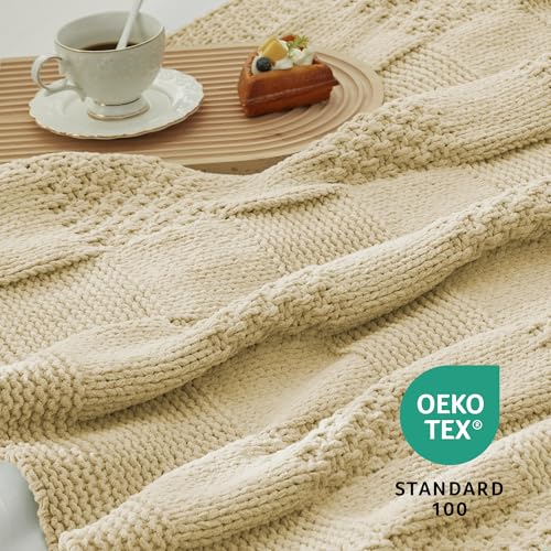 Amélie Home Checkered Chenille Knit Throw Blanket for Couch, Beige, 50"x60" - color: Checkered Beige, size: Checkered Knit 50"x60"