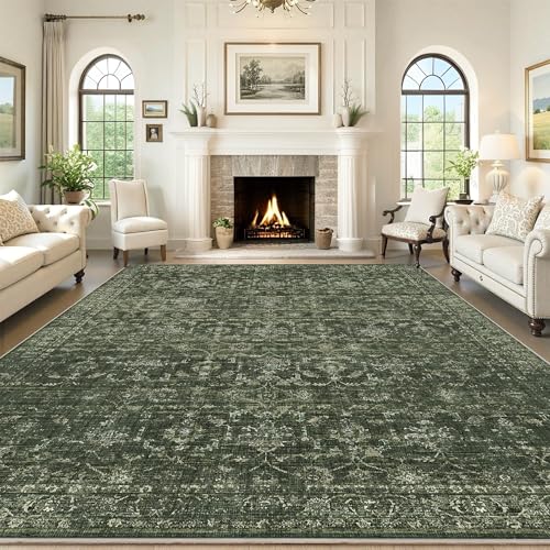8x10 Washable Living Room Area Rug Soft Retro Dark Green Large Carpet - color: Dark Green, size: 8' x 10' (Rectangular)