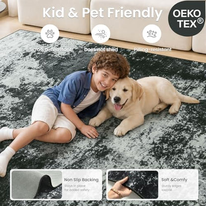 Merelax 8x10 Back Grey Washable Area Rug Non-Slip Faux Wool Abstract Rug - color: Black Grey, size: 8' x 10'(96''x120'')