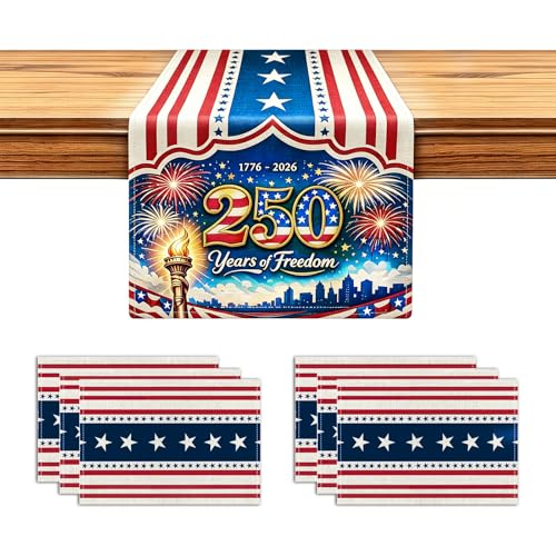 72x13 Inch 250th 4th of July Patriotic USA Stars Table Runner with 6Pcs Place Mats for Independence Day - color: 250th Anniversary