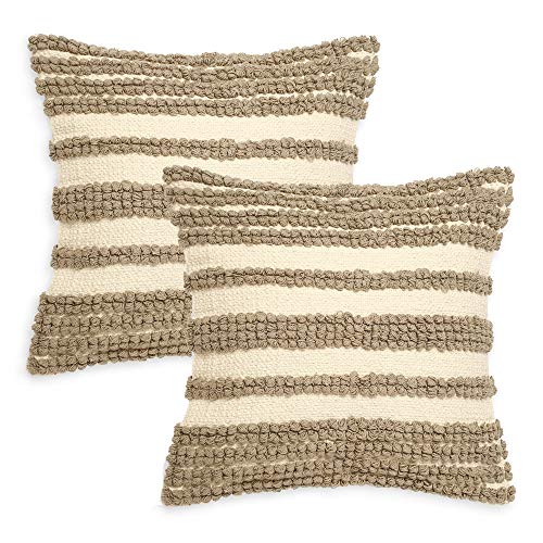 · REDEARTH · Boho Textured Throw Pillow Cushion Covers - Woven Tufted Decorative Farmhouse Cases Set for Couch - Sofa - Farmhouse - Chair - Dining - Patio - 100% Cotton (18x18 ; Natural) Pack of 2 - color: Linear Obsession Natural, size: 18" x 18" (Pack o