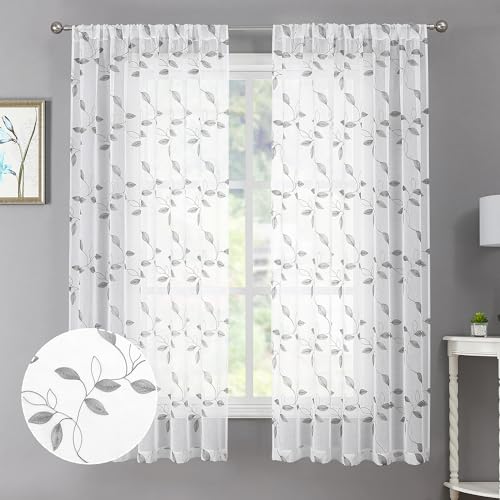 Tollpiz Grey Leaf Sheer Curtain Bedroom Short 38 x 45 Inches - color: Grey, size: 38"W x 45"L (Pack of 2)