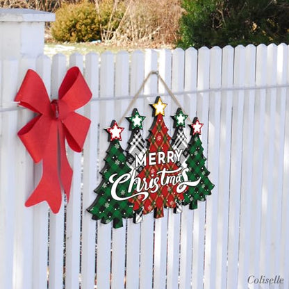 Wooden Merry Christmas Door Sign,Christmas Tree Door Wreath for Front Sign Wall Signs,Decoration Farmhouse Hanging Plaque,Hanging for Home Wall Decor Party(Red)