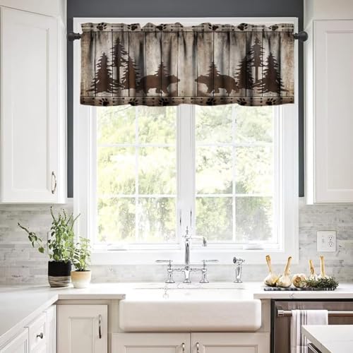 Bear Kitchen Valance, Rustic Cabin Pine Forest Wild Animal Black Bear Retro Wooden Board Window Valance for Farmhouse Bedroom Living Room,54x18in - color: Bear-12