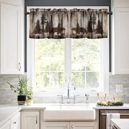 Bear Kitchen Valance, Rustic Cabin Pine Forest Wild Animal Black Bear Retro Wooden Board Window Valance for Farmhouse Bedroom Living Room,54x18in - color: Bear-12