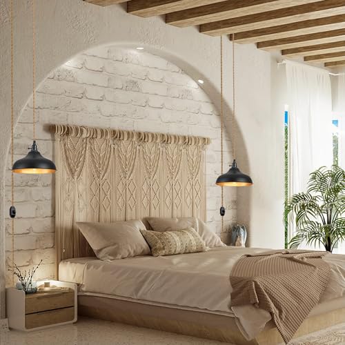 Plug in Pendant Lights Dome Hanging Lamp with Dimmable Switch 15 Ft Long Hemp Rope Farmhouse Pndant Light Cord Lighting Fixture DIY Hanging Light - color: B 1 Light