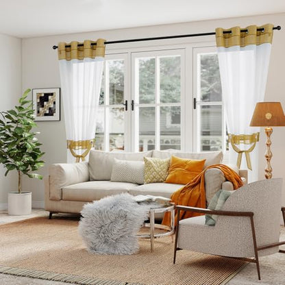 L.Z.E White and Gold Sheer Curtains 96 Inches Long 2 Panels Set,Transparent See Through Curtains for Living Room Bedroom with Tiebacks Grommet Top Curtain & Drapes (56" W x 96" L Gold) - color: Gold, size: 56"W x 96"L (Pack of 2)