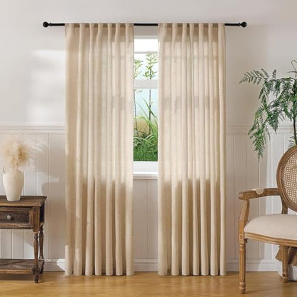 Warm Beige Sheer Linen Curtains for Living Room Bedroom 84 Inches Long - color: Warm Beige, size: 52"W x 84"L (Pack of 2)