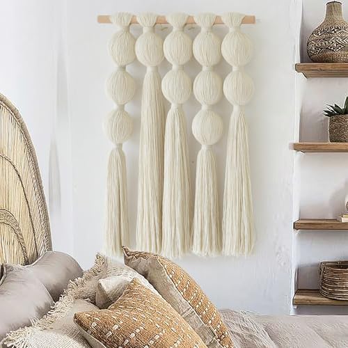 Jakalin Macrame Wall Hanging Boho Tassel White Fiber Wall Art 19.6"x15.7" - color: Ivory