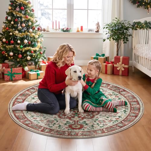 U'Artlines Red Christmas Round Area Rug 4ft Boho Washable Holiday Carpet - color: Christmas Red, size: 4' (Round)
