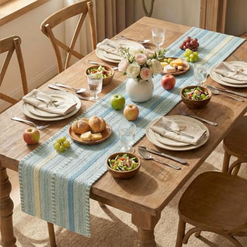 Artoid Mode Sky Blue Farmhouse Stripe Braided Table Runner 12x72 Inch - color: Sky Blue, size: 12" x 72", Table Runner