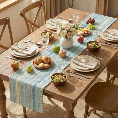 Artoid Mode Sky Blue Farmhouse Stripe Braided Table Runner 12x72 Inch - color: Sky Blue, size: 12" x 72", Table Runner