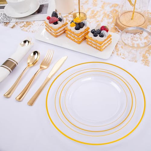 WELLIFE 210PCS Clear-Gold Plastic Plates - Dinnerware Sets for 30 Guests - 60 Disposable Plates, 90 Plastic Silverware, 30 Cups, 30 Napkins for Party - color: Clear and Gold, style: 210PCS（30 Guests）