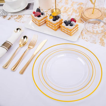 WELLIFE 350PCS Clear-Gold Plastic Plates - 100 Disposable Plates, 150Plastic Silverware, 50 Cups, 50 Napkins for Wedding & Party - color: Clear and Gold, style: 350PCS（50 Guests）
