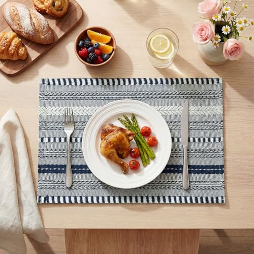 Artoid Mode Dark Blue Woven Braided Stripe Placemats Set of 4-12x18 Inch - color: Dark Blue, size: 12" x 18", 4 Pcs