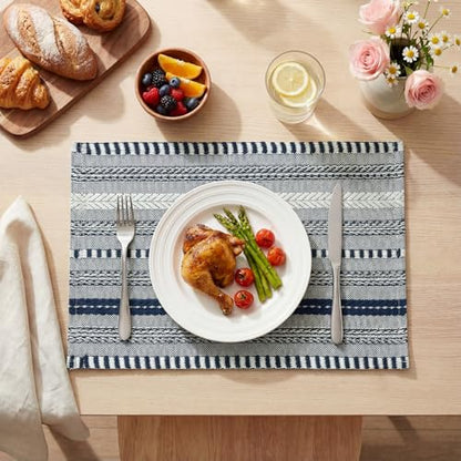 Artoid Mode Dark Blue Woven Braided Stripe Placemats Set of 4-12x18 Inch - color: Dark Blue, size: 12" x 18", 4 Pcs