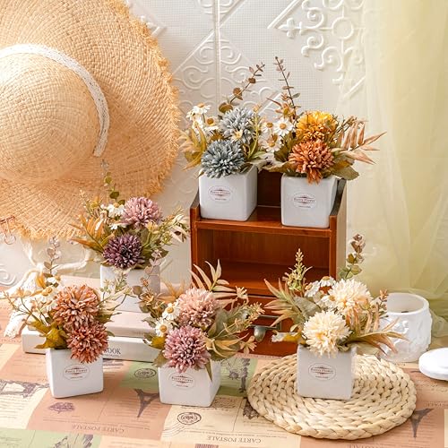 6PCS Artificial Fall Flowers with Ceramic Vases – Chrysanthemums & Daisies - color: Fall Multicolor