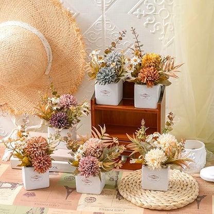 6PCS Artificial Fall Flowers with Ceramic Vases – Chrysanthemums & Daisies - color: Fall Multicolor
