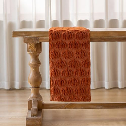Keketoarrange Thanksgiving Table Runner Rust Terracotta Soft Plush Faux Fur Velvet Pumpkin Autumn Harvest Dining Centerpiece Decor for Home Kitchen Fall Decorations for Home 13 x 72 Inch - size: 72"x13"
