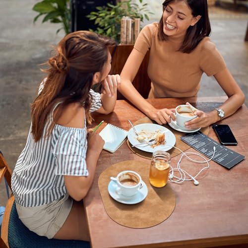 ADRIMER Oval Placemats Set of 6, Wipeable Faux Leather, Camel - color: Camel