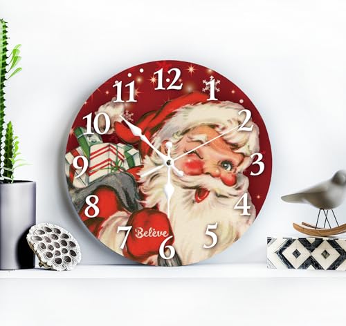 Santa Claus Red Silent Non Ticking Wall Clock 12 Inch, Battery Operated, Christmas Round Wood Wall Clocks, Decorative for Living Room, Kitchen, Bedroom, Bathroom, Dining Room,Office or Gifts - color: Christmas Joy Santa Claus- Red