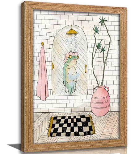 Framed Frog Taking Bathroom Wall Art, Funny Frog Taking Shower Painting Canvas Prints, Cute Humorous Bathroom Animal Wall Decor, Whimsical Bathroom Poster Artwork, for Bathroom Guest Toilet, 8x10in - color: Bathroom Frog, size: 10"Lx8"W