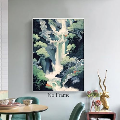 GADZRTIL Abstract Waterfall Wall Art Japanese Landscape Poster Blue Nature Pictures Japanese Waterfall Wall Art Abstract Hokusai Canvas Wall Art Abstract Landscape Artwork 16x24inch No Frame - color: Waterfall Art-Unframed