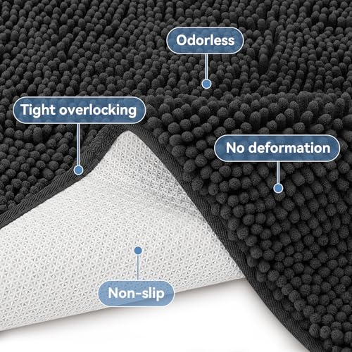 Bcoimo Small Bath Rug Mat,24x17 Chenille Non Slip Black Bathroom Floor Mats - color: Black, size: 24x17