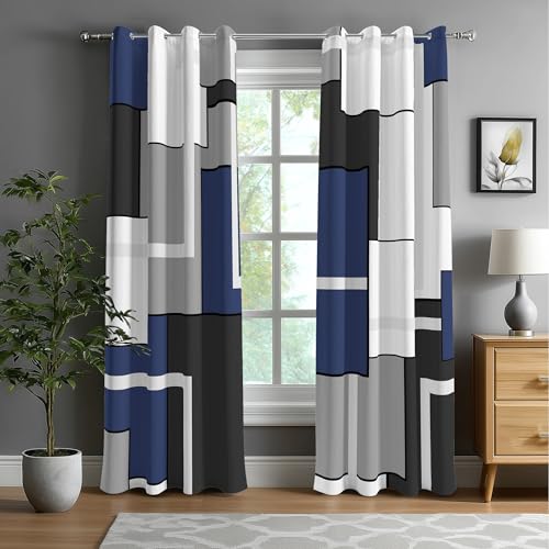 Royal Blue 100% Blackout Curtains for Bedroom Blue Grey White Modern Abstract Geometric Insulated Black Out Curtains for Living Room Darkening Window Drapes 2 Panels (52 x 84 - Inch,Blue Plaid) - color: P3-blue, size: 52"W x 84"L (Pack of 2)