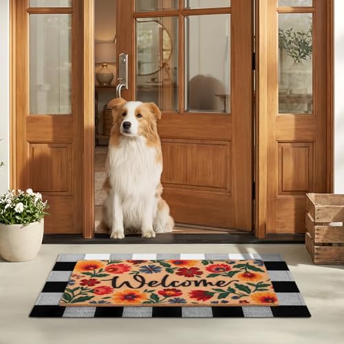 2-Piece Layered Welcome Mat Set - Coir Doormat & Buffalo Plaid Rug - color: Spring Flower 2