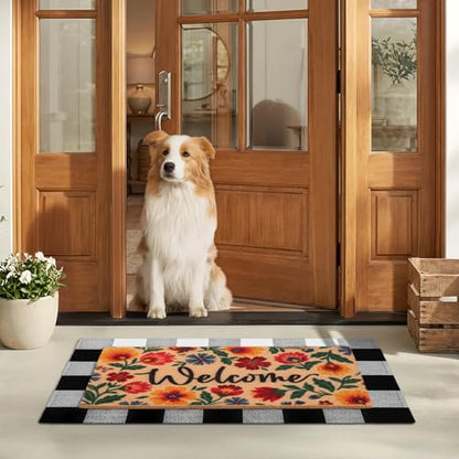 2-Piece Layered Welcome Mat Set - Coir Doormat & Buffalo Plaid Rug - color: Spring Flower 2