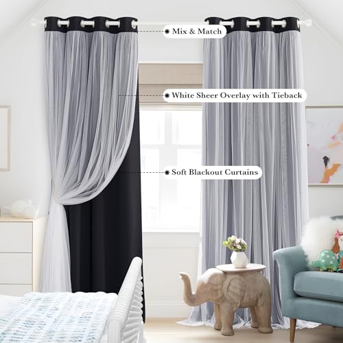 Black Blackout Curtains with White Sheer Overlay for Bedroom/Living Room - color: Black, size: 52"W x 63"L (Pack of 2)