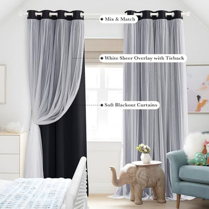Black Blackout Curtains with White Sheer Overlay for Bedroom/Living Room - color: Black, size: 52"W x 63"L (Pack of 2)
