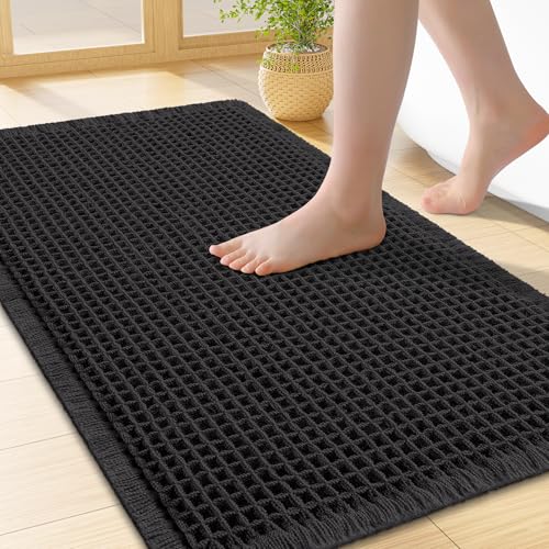 Smiry Waffle Bath Mat 24X16, Extra Soft Absorbent Bathroom Rugs, Black - color: Black, size: 24'' X 16''