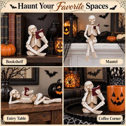 3 Piece Halloween Indoor Decor Figurines Sitting Skeleton Statue Halloween Decorations mini Reading Skull Figurine Home Decor for Living Room Table Shelf Ornament
