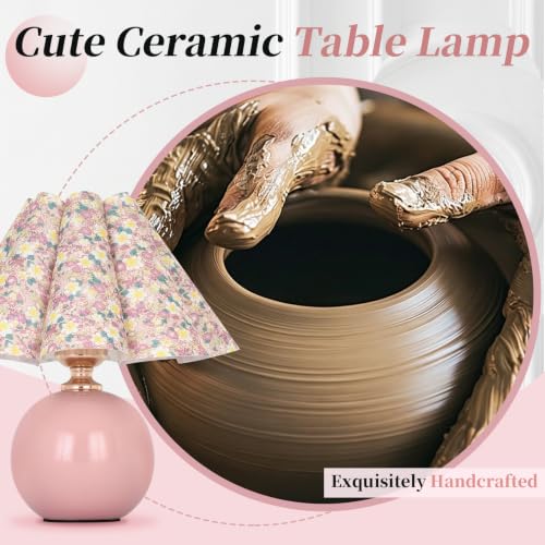 Pink Ceramic Small Table Lamp for Small Space, Cute Bedside Lamps Nightstand Mini Lamps, Scalloped Shade Lamp for Kitchen Counter, Bookshelf, Kids Dorm - color: Pink