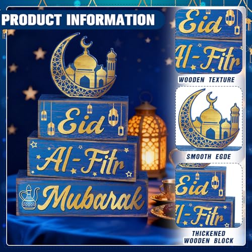 Yousoontic 4 Pcs Eid Mubarak Wooden Table Decor, Ramadan Mubarak Tiered Blocks Islamic Muslim Tabletop Decorations, Moon and Lantern Design, Blue and Gold Eid Table Centerpiece for Home Office - style: Ramadan