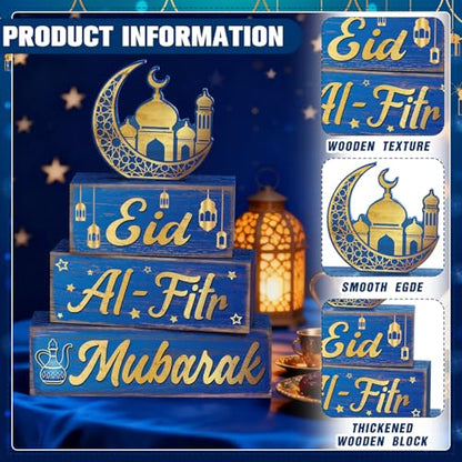 Yousoontic 4 Pcs Eid Mubarak Wooden Table Decor, Ramadan Mubarak Tiered Blocks Islamic Muslim Tabletop Decorations, Moon and Lantern Design, Blue and Gold Eid Table Centerpiece for Home Office - style: Ramadan