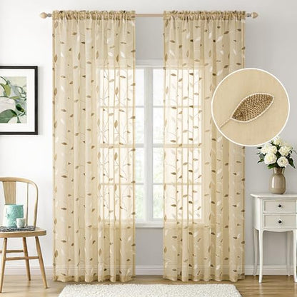 MIULEE Beige Sheer Curtains 2 Panels Embroidered Leaf Patterned, W52 x L96 - color: Beige, size: 52"W x 96"L (Pack of 2)