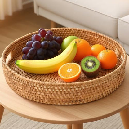 Round Rattan Serving Tray, Natural Wicker Decorative Tray for Serving, Fruit/Bread Serving Basket, Round Woven Tray with Handles.(Large:13.8inch) - size: 13.8"