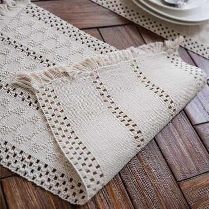 Macrame Table Runner Cream Beige Boho Table Runners with Tassels 12x36in - size: 12"Wx36"L