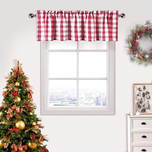 Amzdecor Red White Buffalo Plaid Valance Semi Sheer Cafe Curtain 55"x15" - color: White/Red