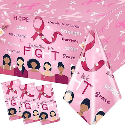 Breast Cancer Table Cloth,3 Pcs Pink Ribbon Awareness Plastic Tablecloths Hope Courage Brave Table Cover for Women Girls Breast Cancer Party Supplies - color: Breast Cancer